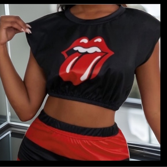 2pc Skirt Set 💋 👅 Rolling Stones Lips Crop Top Red & White Striped Long Skirt - Picture 7 of 11